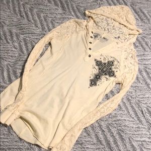 Affliction long sleeve with lace sleeves